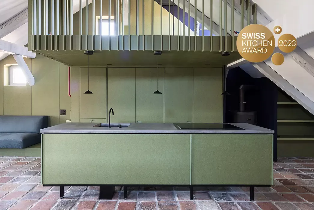 Kitchen island dade concrete countertop | Credits Baumann Eggimann
