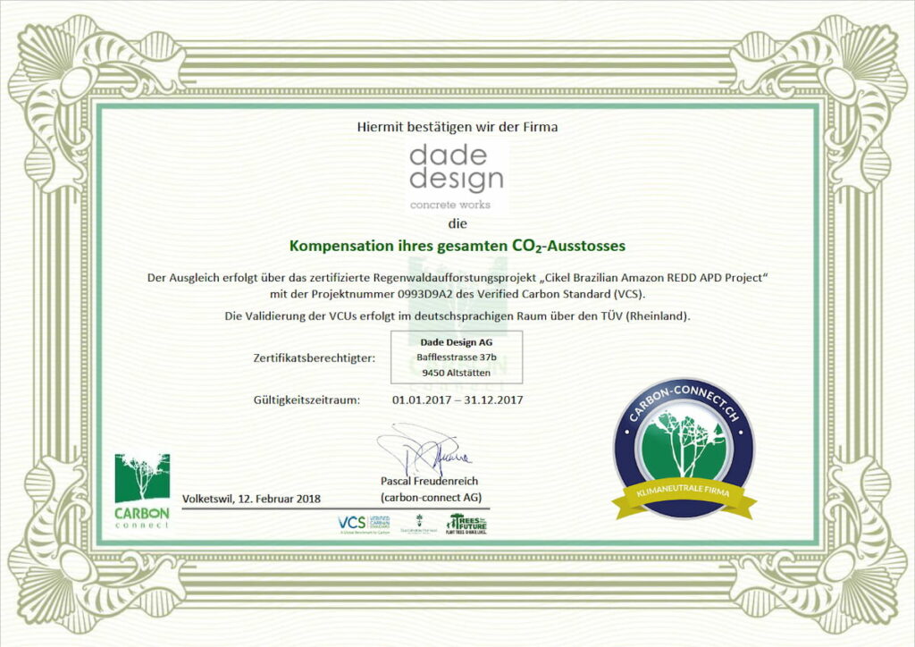 CO2 neutrale Betonproduktion Zertifikat 2017 | dade design