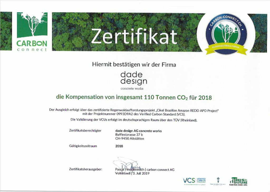 CO2 neutrale Betonproduktion Zertifikat 2018 | dade design