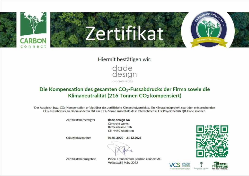 CO2 neutrale Betonproduktion Zertifikat 2020 - 2021 | dade design